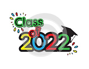 Class of 2022 colorful icon, Yellow Blue Red Green text and numbers and academic cap
