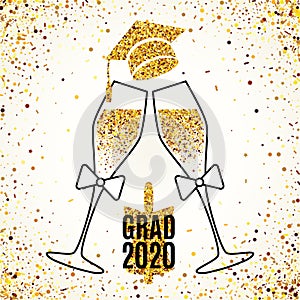 Grad 2020 greeting card with two glasses of champagne, hat, bell, scattered golden confetti for invitation, web banner, poster,