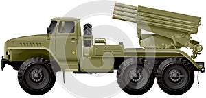 Grad multiple rocket launcher, combat vehicle realistic vector illustration