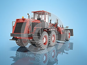 Grader for dumping and leveling the road rear view 3D rendering on blue background with shadow