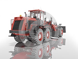 Grader for dumping and leveling the road rear view 3D rendering on white background with shadow