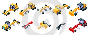 Grader machine icons set, isometric style