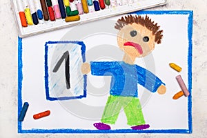 Grades. Sad student with exam or test result.Boy holding report card with 1 grade.  Photo of colorful hand drawing