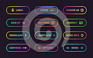 Gradient action buttons. Flat web submit form, modern transition sign, game navigation ui design element. Vector