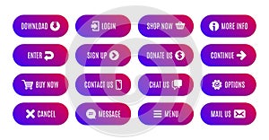 Gradient action buttons. Submit message, continue, contact us. Game navigation ui design. Vector gradient