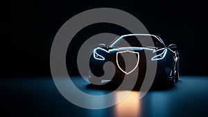 A gradient backdrop with a car and a bold glowing shield icon in the foreground.