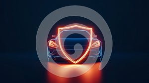 A gradient backdrop with a car and a bold glowing shield icon in the foreground.