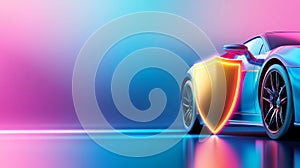 A gradient backdrop with a car and a bold glowing shield icon in the foreground.