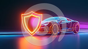 A gradient backdrop with a car and a bold glowing shield icon in the foreground.