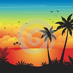 Gradient beach sunset landscape background with silhouette of palm trees