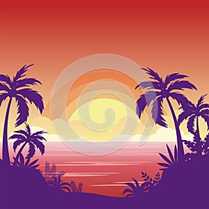 Sunset Beach with silhouette of palm trees landscape background