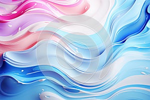 Gradient blue and mother of pearl pink background with flowing liquid and bubbles