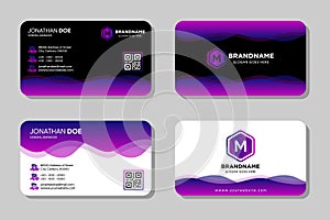 Purple corporate identity template design with gradient blue and purple color geometric elements.