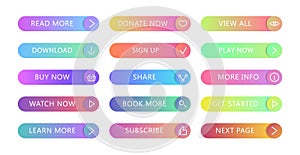 Gradient buttons flat design. Web and ui application color button icon for modern website. Buttons set with different