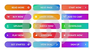 Gradient buttons. Rectangular next page button, read more and add to cart icon colorful gradients web isolated vector