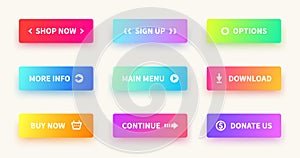 Gradient buttons. User interface web button, material design, ui rectangular shape, app action submit. Vector gradient