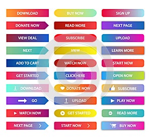 Gradient buttons vector set. Rectangular next page button, read more and add to cart icon colorful gradients web isolated vector.