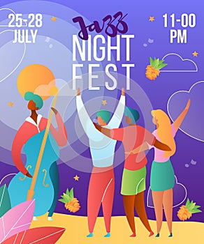 Gradient cartoon flat characters,musical band double bass,happy party people rejoice-holiday summer jazz night fest,open