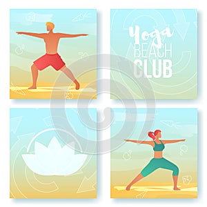 Gradient cartoon flat characters summer sport activity,beach yoga club banner flyer poster,web online concept,healthy lifestyle