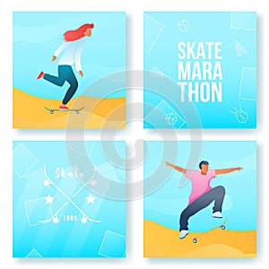 Gradient cartoon flat characters summer sport activity,skate marathon banner flyer poster,web online concept,healthy lifestyle
