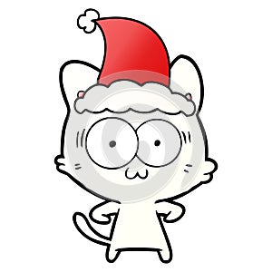 gradient cartoon of a surprised cat wearing santa hat