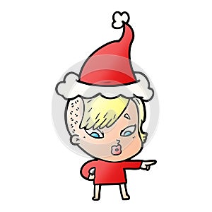 gradient cartoon of a surprised girl pointing wearing santa hat