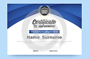 Gradient Certificate of appreciation Template. Blue and white gradient color design