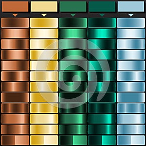 Gradient color Palette. Color are Deep Coral, Pale Yellow, Forest Green, Deep Teal, Cyan Blue, Swatches for gradient background