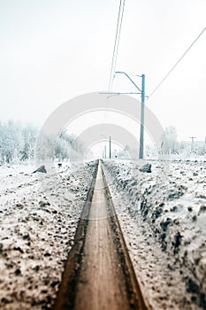 Gradient colorize railway in the winter forest photo