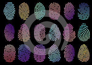 Gradient fingerprints. Colors digital identification. Biometric verification. Security scanning. Fingermark screening