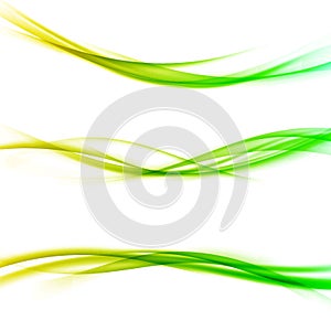 Gradient fresh energy header lines collection. Three minimalistic bright elegant smooth smoke dividers. Yellow to green swoosh wa