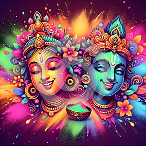 Gradient happy smiling face Radha Krishna Colorful powder explosion for Holi festival celebration