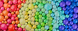 Gradient heap of colourful spectrum or rainbow colored spheres or balls from red to green and blue, color, education or playing