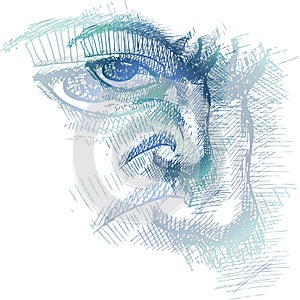 Gradient illustration of eye, nose, frowning eyebrow technique.