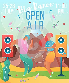 Gradient modern flat cartoon characters dancing on holiday summer open air,party,music fest-flyer banner poster concept.Flat