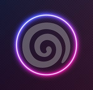 Gradient neon circle, blue-pink glowing border isolated on a dark background. Colorful night banner