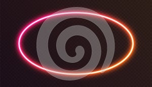 Gradient neon ellipse, pink-orange glowing border isolated on a dark background. Colorful night oval banner