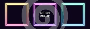 Gradient neon square Frame. Vector set of quadrate neon Border with double outline