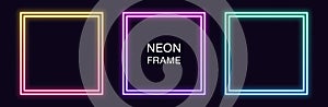 Gradient neon square Frame. Vector set of quadrate neon Border with double outline photo