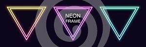 Gradient neon triangle Frame. Vector set of triangular neon Border with double outline