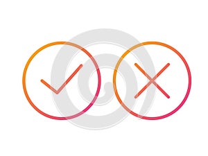 Gradient orange to pink vector colorful check and cross thin line icon