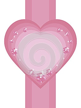 Gradient pink heart on a ribbon with shiny pink jewels with glitter twinkle isolated on a white background