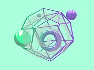 Gradient purple green geometric shape levitation abstract 3d render