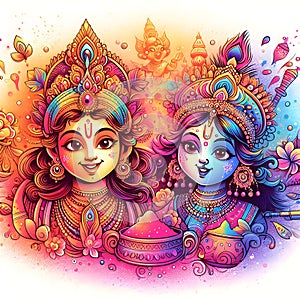 Gradient Radha Krishna illustration Colorful powder explosion for Holi festival celebration