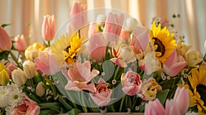 A gradient of soft pinks and yellows adorns the background of the podium with a variety of freshly bloomed tulips and