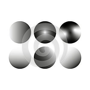 Gradient sphere collection. Metallic ball shapes. Vector orb elements. Silver shadow effects.