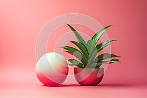 Gradient Sphere and Lush Green Plant in Red Pot on Pink Surface