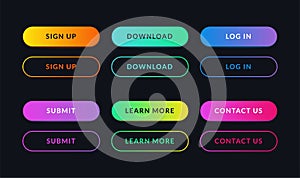 Gradient web ui buttons. Set of neon internet menu elements, app interface in dark and bright colors. Vector art