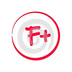 Grading system F . Grades for school with plus sign. Exam result written in red pen. Icon for student and education marker