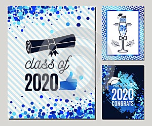 Graduate 2020 greeting cards set in blue colors. Three vector grad party invitations. Class of Grad posters. All isolated and